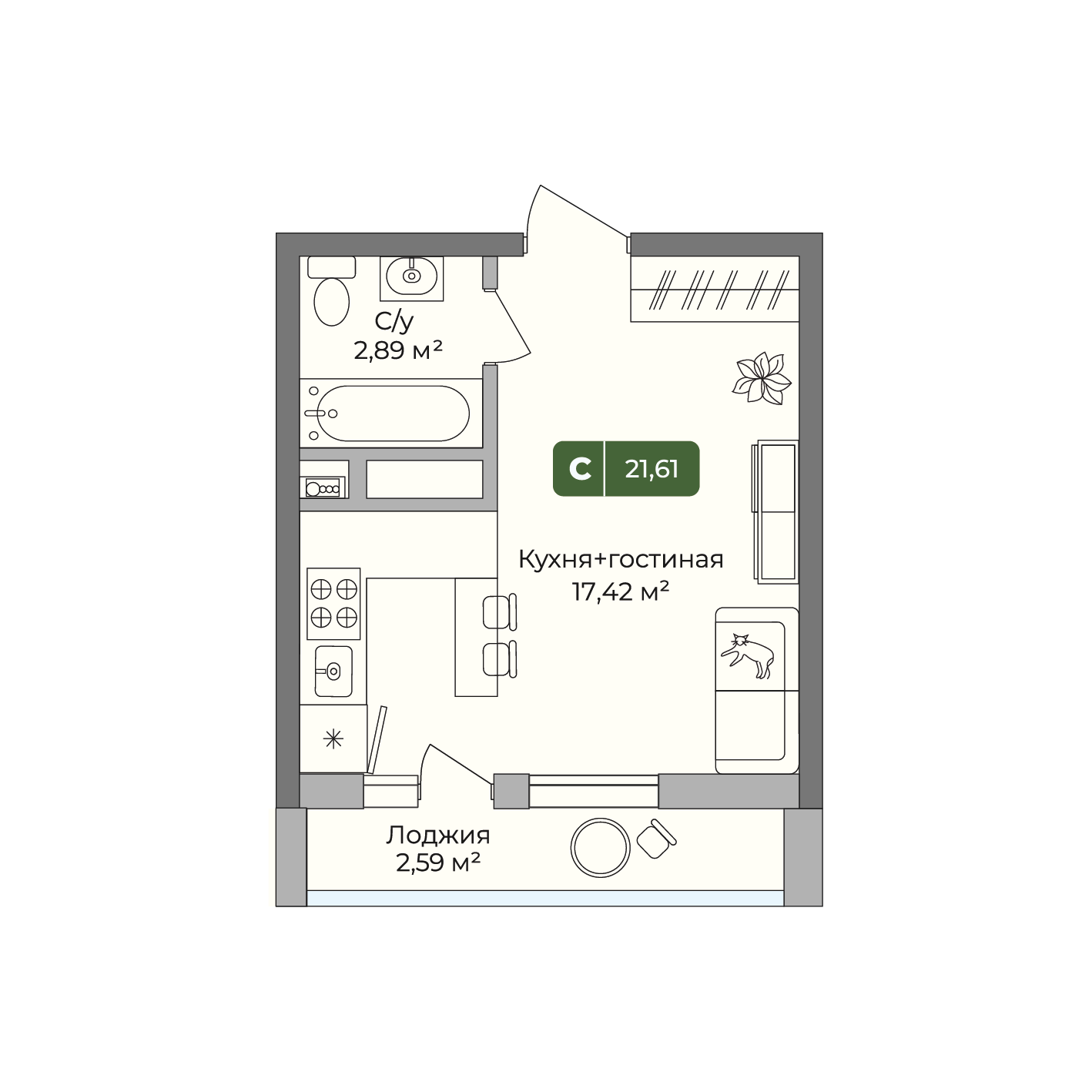 студия, 21.61 м² 1