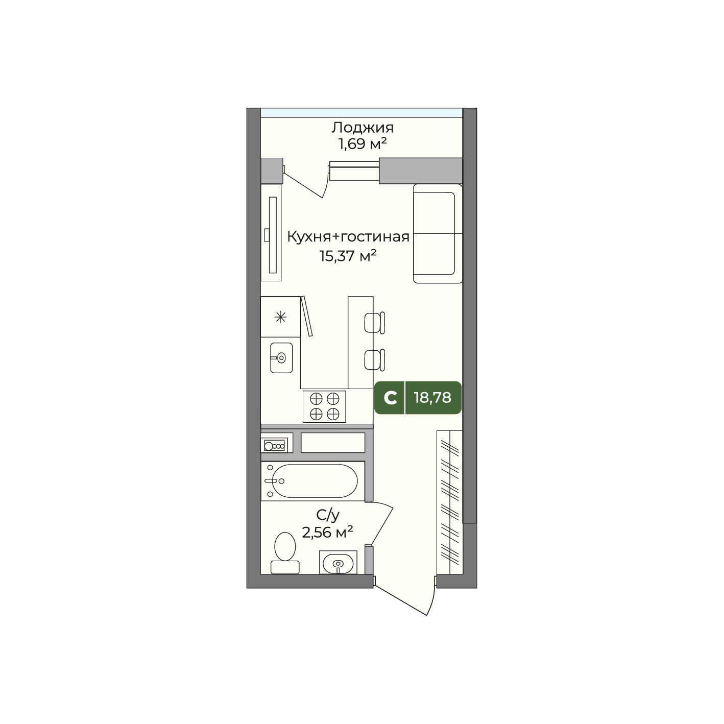Планировка: студия квартира 18,78 м²
